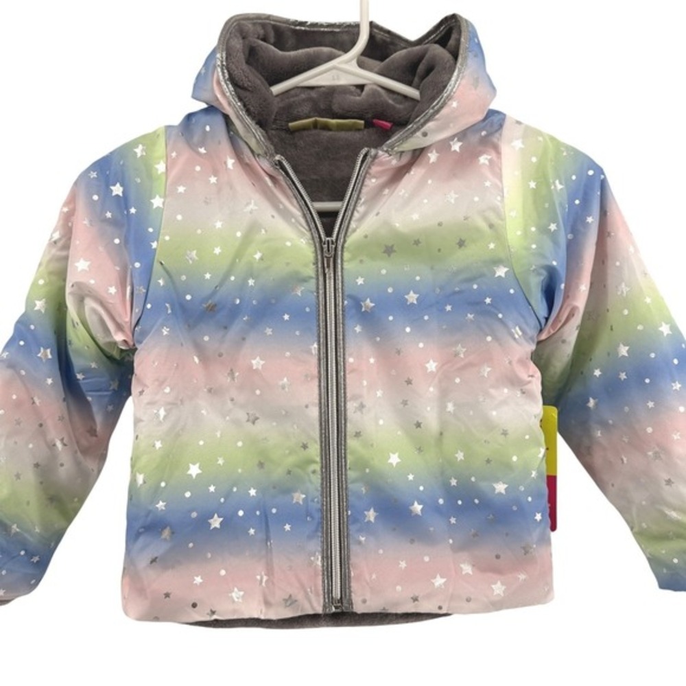 NEW Penelope Mack Puffer Jacket Kids 4T Puffer Rainbow Star Foil Faux Fur Hooded